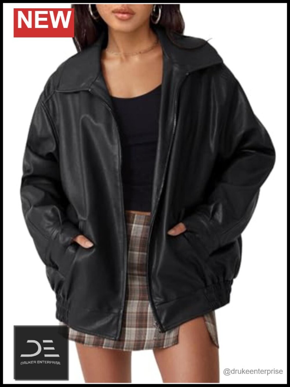 Oversized Faux Leather Bomber Jacket Zip Up Moto Coat